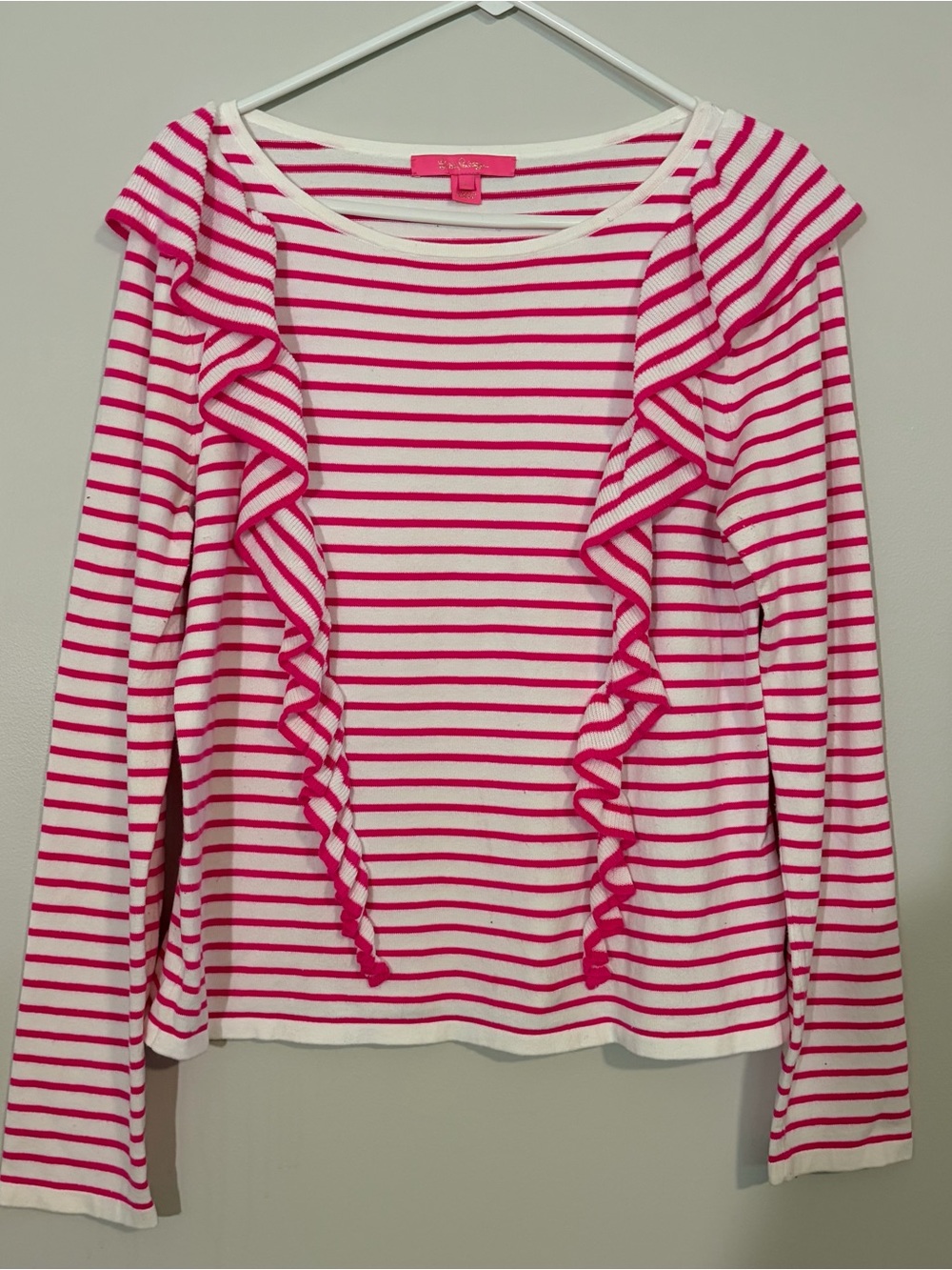 Lilly Pulitzer Pink & White Striped Ruffle Crewneck Sweater